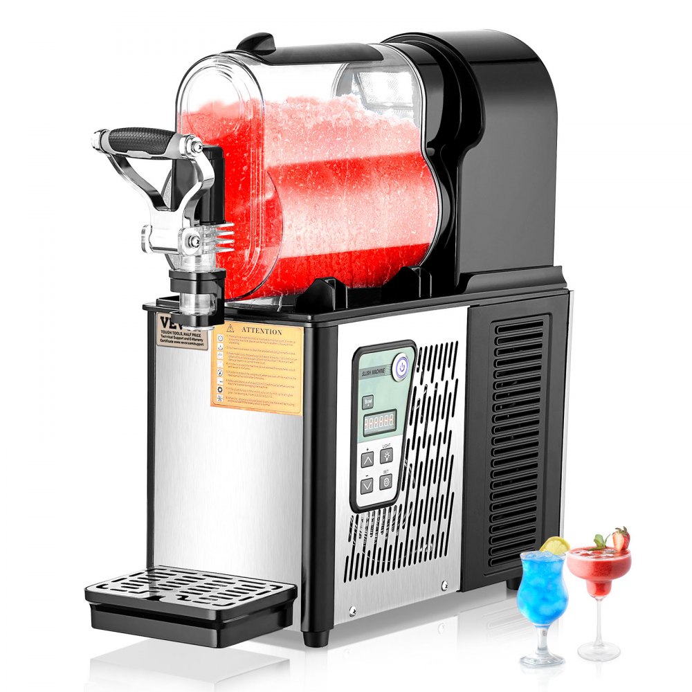 Máquina de granizados VEVOR con granizado rosa en vaso y guarniciones de frutas frescas