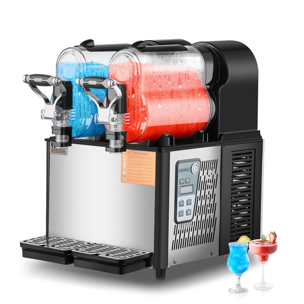 Máquina de granizados comercial VEVOR con tanques dobles y panel de control, que sirve granizados rojos y amarillos.