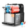 Máquina de granizados comercial VEVOR con tanques dobles y panel de control, que sirve granizados rojos y amarillos.