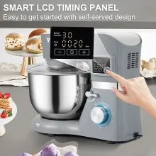 Batidora de pie VEVOR, batidora de masa eléctrica de 660 W con sincronización de pantalla LCD de 6 velocidades, batidora de alimentos con cabezal inclinable con tazón de acero inoxidable de 5,8 cuartos de galón, gancho para masa, batidor plano, batidor, raspador, cubierta a prueba de salpicaduras - gris