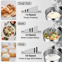 Batidora de pie VEVOR, batidora de masa eléctrica de 660 W con sincronización de pantalla LCD de 6 velocidades, batidora de alimentos con cabezal inclinable con tazón de acero inoxidable de 5,8 cuartos de galón, gancho para masa, batidor plano, batidor, raspador, cubierta a prueba de salpicaduras - gris