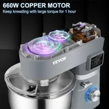 Batidora de pie VEVOR, batidora de masa eléctrica de 660 W con sincronización de pantalla LCD de 6 velocidades, batidora de alimentos con cabezal inclinable con tazón de acero inoxidable de 5,8 cuartos de galón, gancho para masa, batidor plano, batidor, raspador, cubierta a prueba de salpicaduras - gris