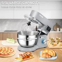 Batidora de pie VEVOR, batidora de masa eléctrica de 660 W con sincronización de pantalla LCD de 6 velocidades, batidora de alimentos con cabezal inclinable con tazón de acero inoxidable de 5,8 cuartos de galón, gancho para masa, batidor plano, batidor, raspador, cubierta a prueba de salpicaduras - gris