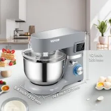 Batidora de pie VEVOR, batidora de masa eléctrica de 660 W con sincronización de pantalla LCD de 6 velocidades, batidora de alimentos con cabezal inclinable con tazón de acero inoxidable de 5,8 cuartos de galón, gancho para masa, batidor plano, batidor, raspador, cubierta a prueba de salpicaduras - gris