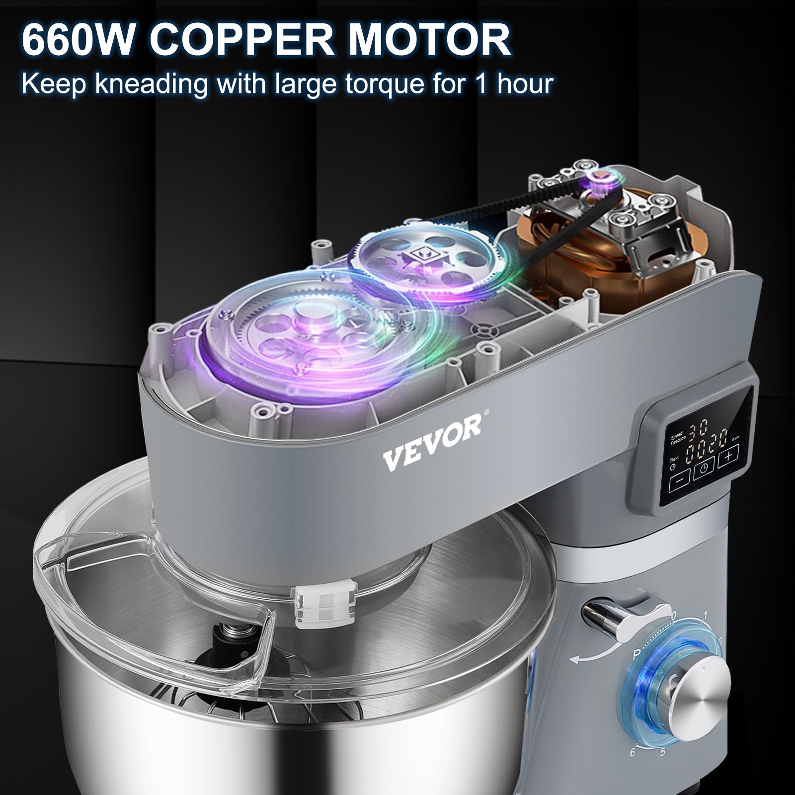 VEVOR Batidora de pie, batidora de masa eléctrica de 660 W con pantalla LCD de 6 velocidades, batidora de alimentos con cabezal inclinable con tazón de acero inoxidable de 5,8 cuartos, gancho para masa, batidor plano, batidor, raspador, cubierta a prueba de salpicaduras - Gris