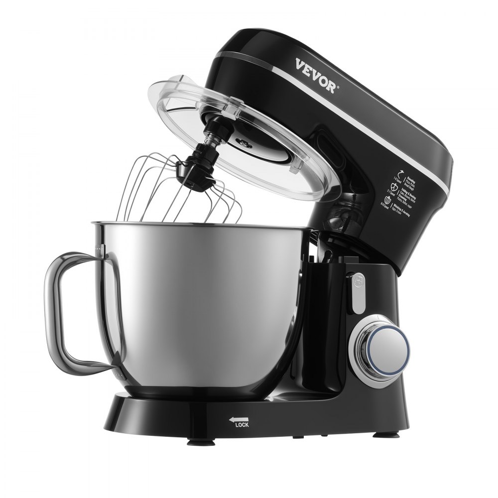 Batidora de pie VEVOR, 5.3QT + 4.4QT, dos tazones de acero inoxidable, 10+P velocidades, cabezal inclinable, batidora de cocina con gancho para masa, batidor de alambre, batidor, raspador, batidora de pie doméstica para hornear, color negro