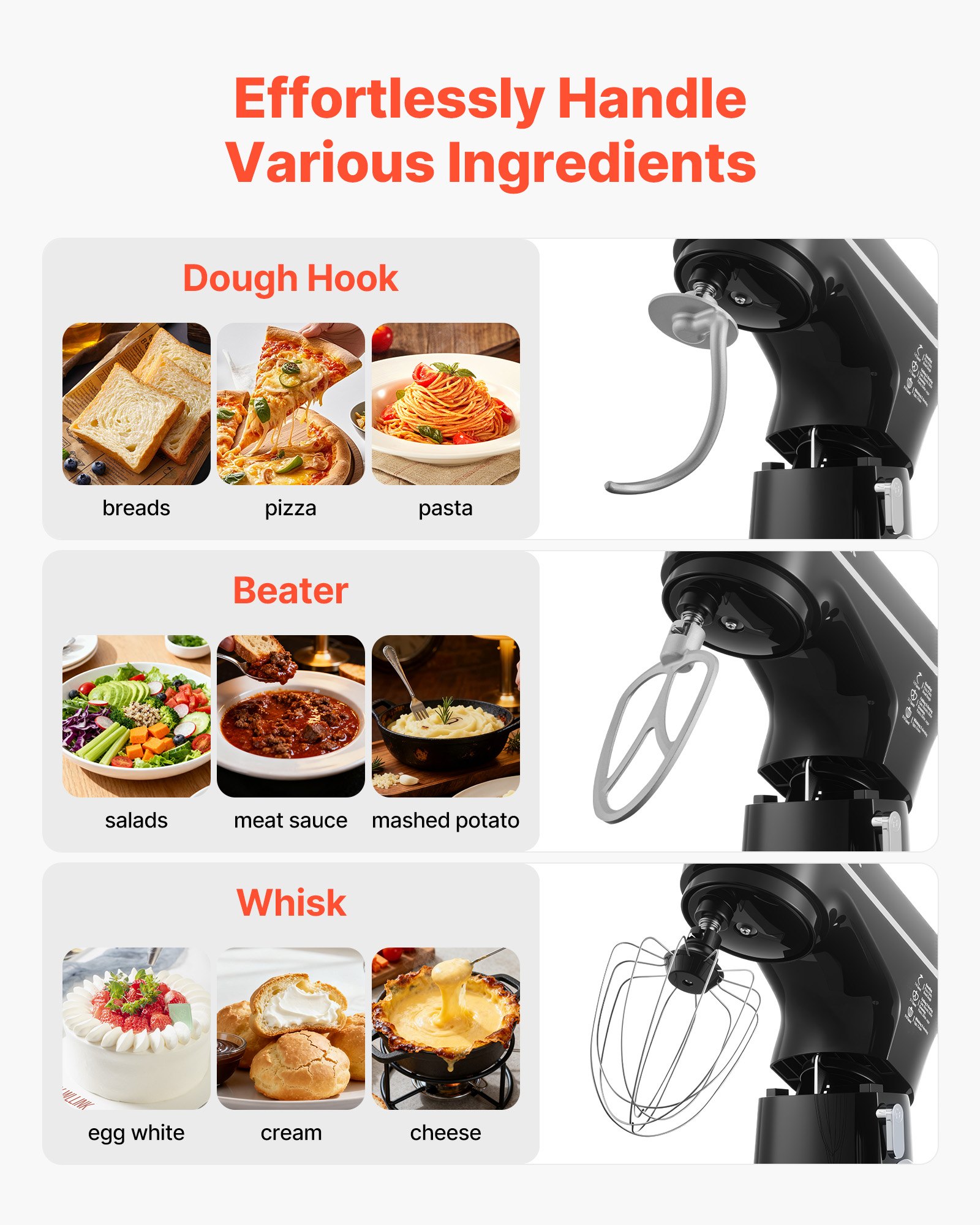 Batidora de pie VEVOR, 5.3QT + 4.4QT, dos tazones de acero inoxidable, 10+P velocidades, cabezal inclinable, batidora de cocina con gancho para masa, batidor de alambre, batidor, raspador, batidora de pie doméstica para hornear, color negro