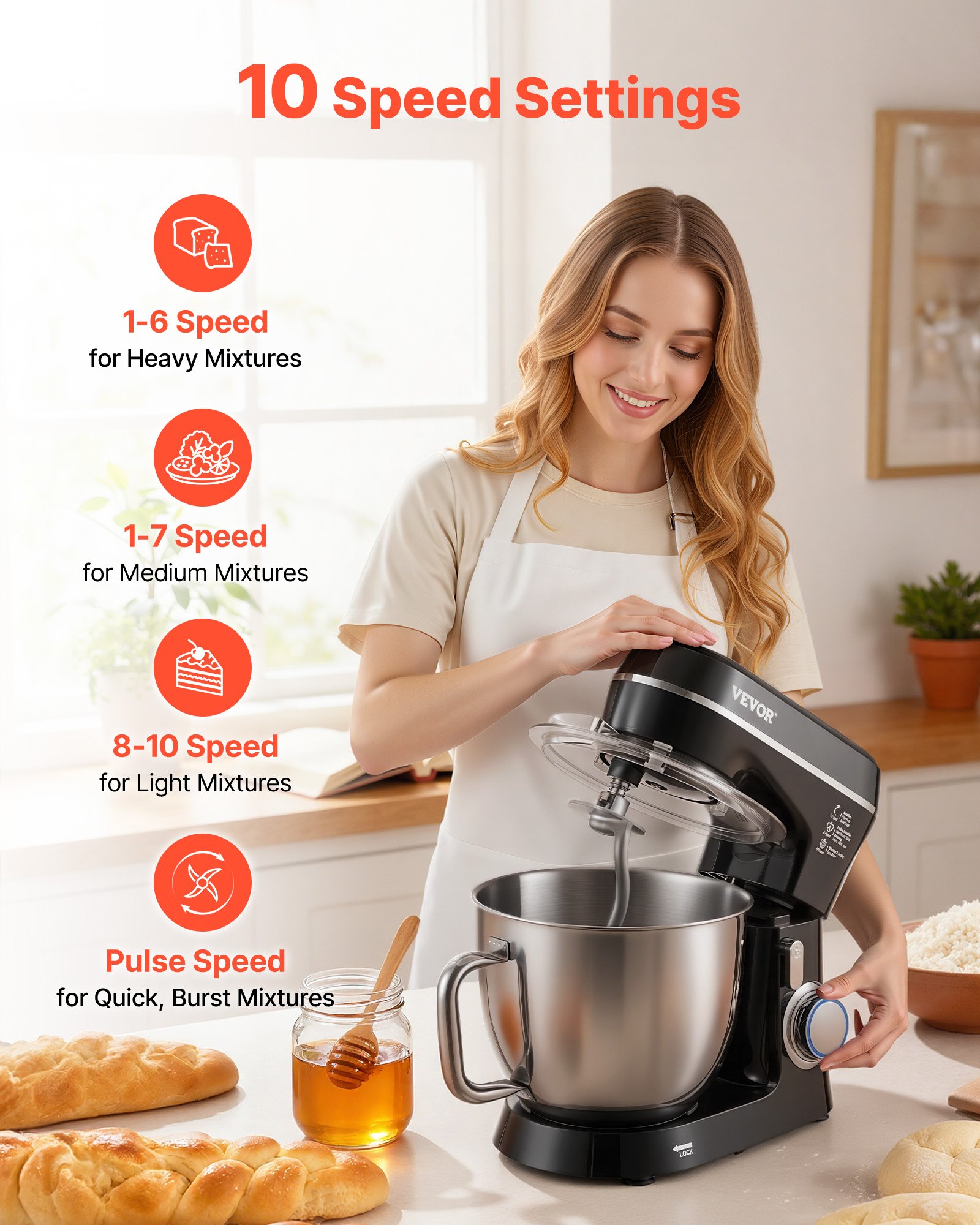 Batidora de pie VEVOR, 5.3QT + 4.4QT, dos tazones de acero inoxidable, 10+P velocidades, cabezal inclinable, batidora de cocina con gancho para masa, batidor de alambre, batidor, raspador, batidora de pie doméstica para hornear, color negro