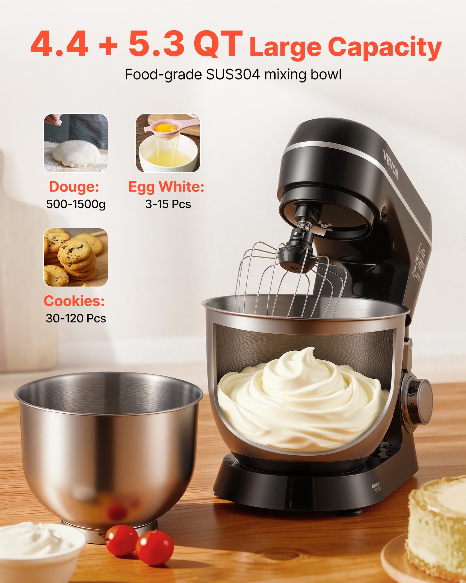 Batidora de pie VEVOR, 5.3QT + 4.4QT, dos tazones de acero inoxidable, 10+P velocidades, cabezal inclinable, batidora de cocina con gancho para masa, batidor de alambre, batidor, raspador, batidora de pie doméstica para hornear, color negro