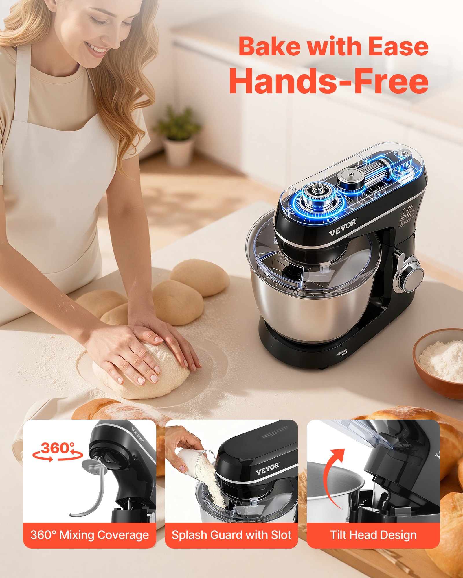 Batidora de pie VEVOR, 5.3QT + 4.4QT, dos tazones de acero inoxidable, 10+P velocidades, cabezal inclinable, batidora de cocina con gancho para masa, batidor de alambre, batidor, raspador, batidora de pie doméstica para hornear, color negro