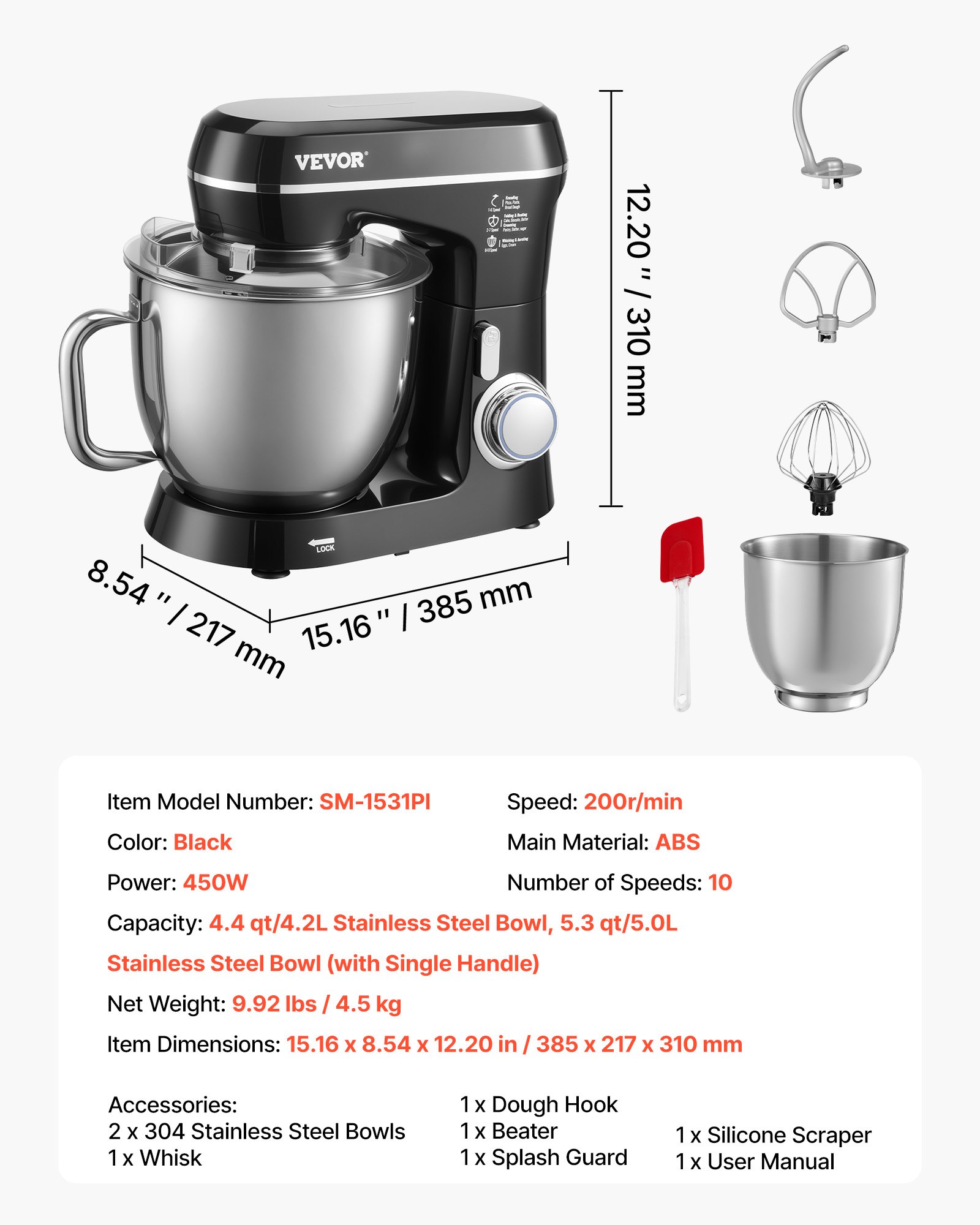 Batidora de pie VEVOR, 5.3QT + 4.4QT, dos tazones de acero inoxidable, 10+P velocidades, cabezal inclinable, batidora de cocina con gancho para masa, batidor de alambre, batidor, raspador, batidora de pie doméstica para hornear, color negro