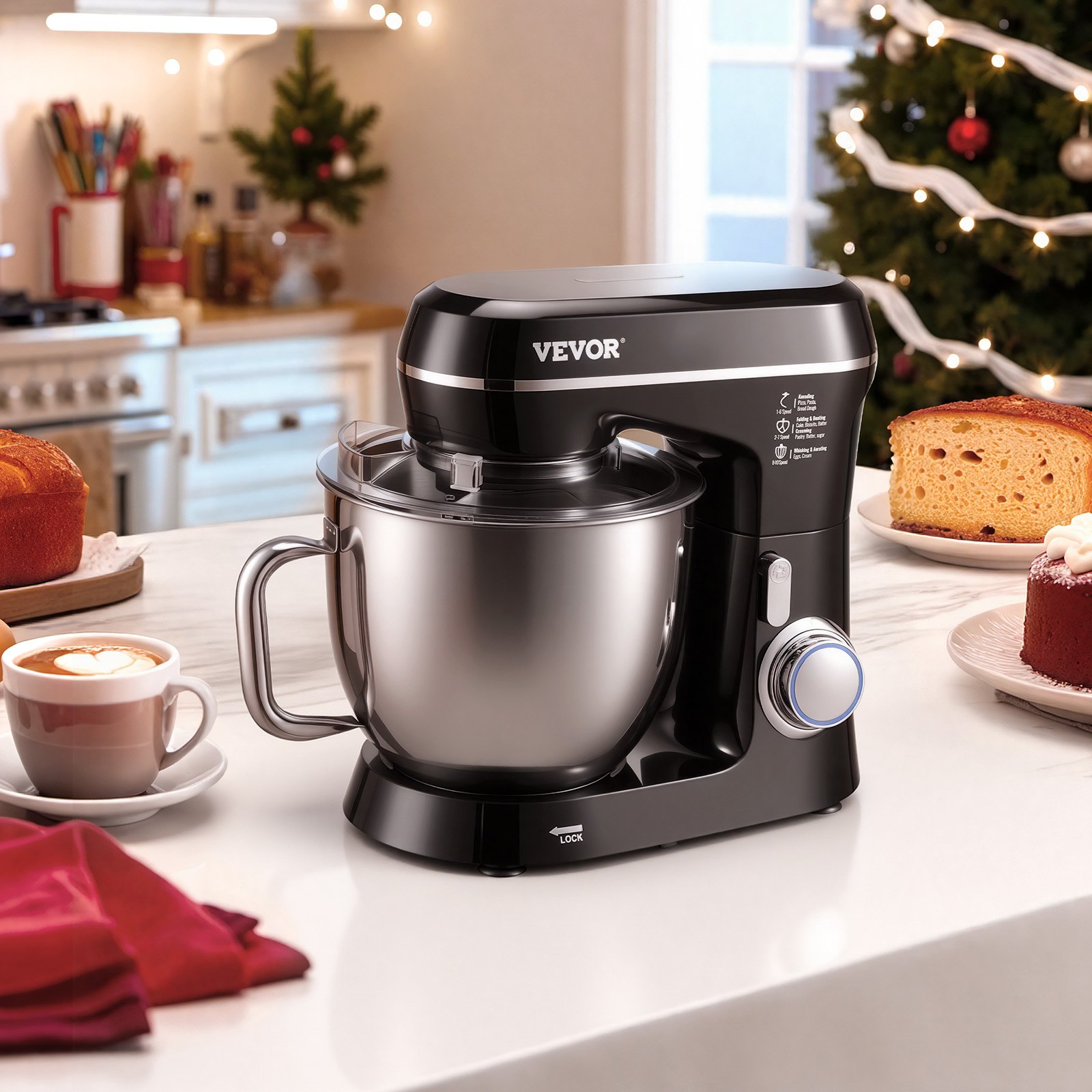 Batidora de pie VEVOR, 5.3QT + 4.4QT, dos tazones de acero inoxidable, 10+P velocidades, cabezal inclinable, batidora de cocina con gancho para masa, batidor de alambre, batidor, raspador, batidora de pie doméstica para hornear, color negro