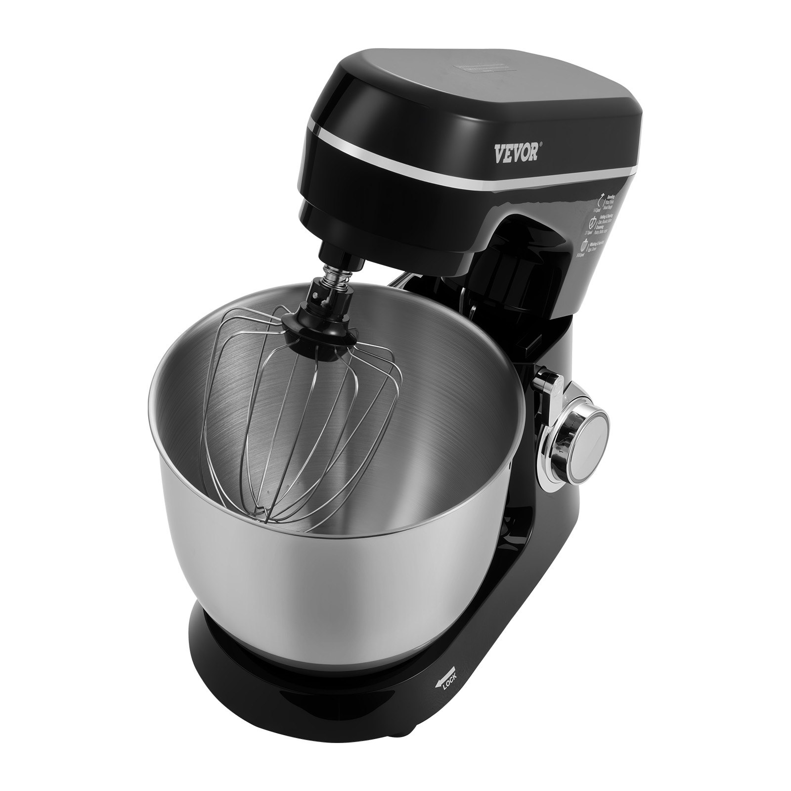 Batidora de pie VEVOR, 5.3QT + 4.4QT, dos tazones de acero inoxidable, 10+P velocidades, cabezal inclinable, batidora de cocina con gancho para masa, batidor de alambre, batidor, raspador, batidora de pie doméstica para hornear, color negro