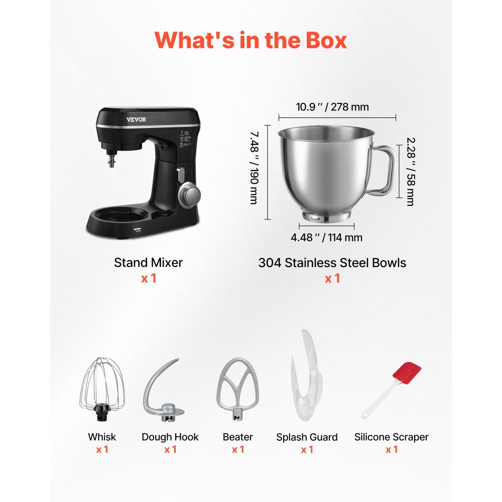 Batidora de pie VEVOR, 5 cuartos de galón, 10+ velocidades, cabezal inclinable, tazón de acero inoxidable, gancho para masa, batidor de alambre, batidor, raspador, batidora de pie doméstica para hornear, color negro