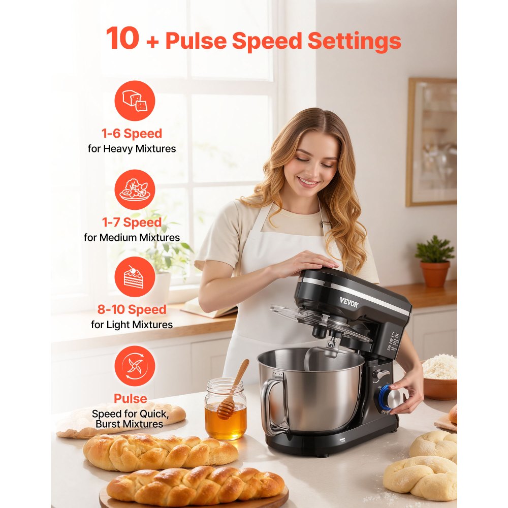 Batidora de pie VEVOR, 5 cuartos de galón, 10+ velocidades, cabezal inclinable, tazón de acero inoxidable, gancho para masa, batidor de alambre, batidor, raspador, batidora de pie doméstica para hornear, color negro