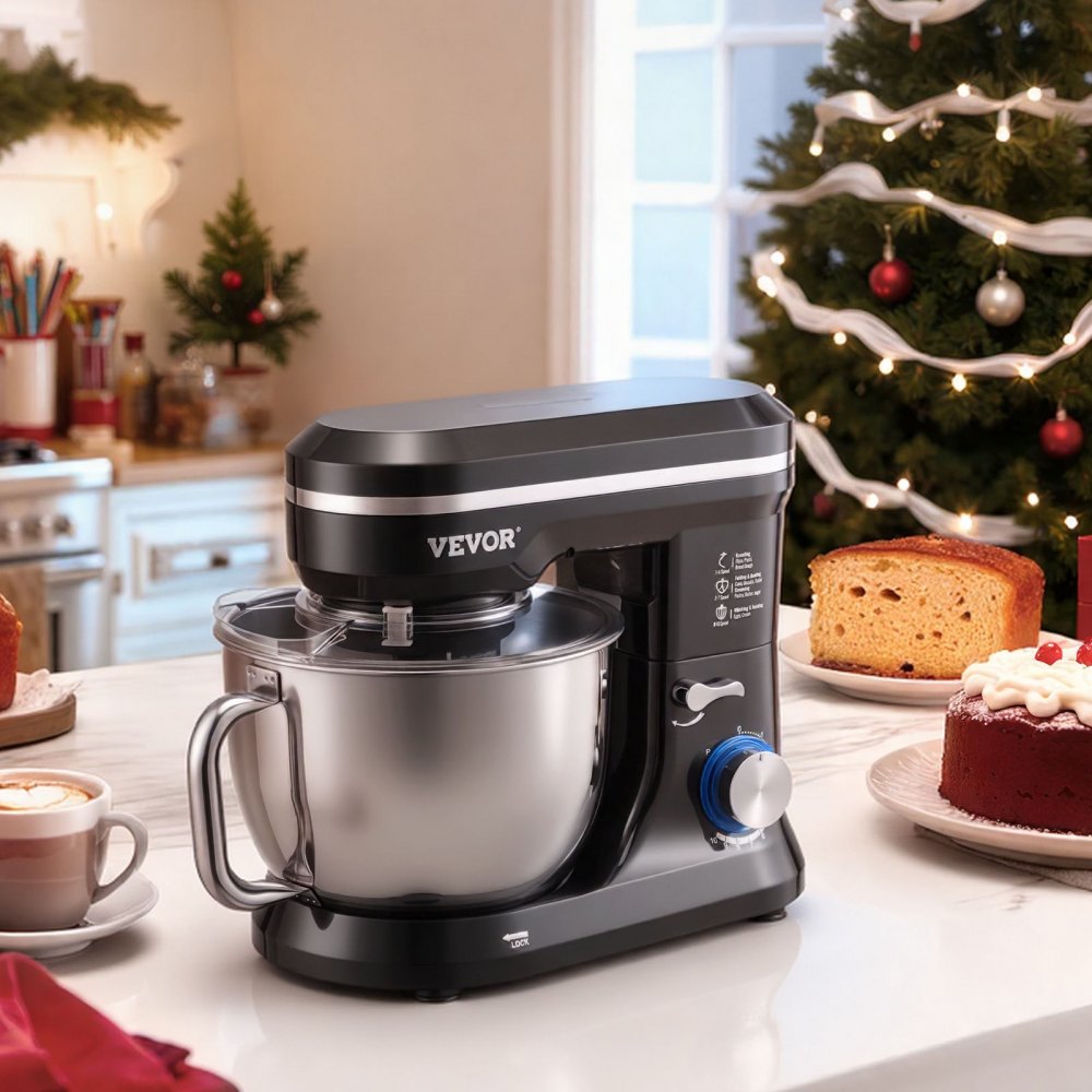 Batidora de pie VEVOR, 5 cuartos de galón, 10+ velocidades, cabezal inclinable, tazón de acero inoxidable, gancho para masa, batidor de alambre, batidor, raspador, batidora de pie doméstica para hornear, color negro