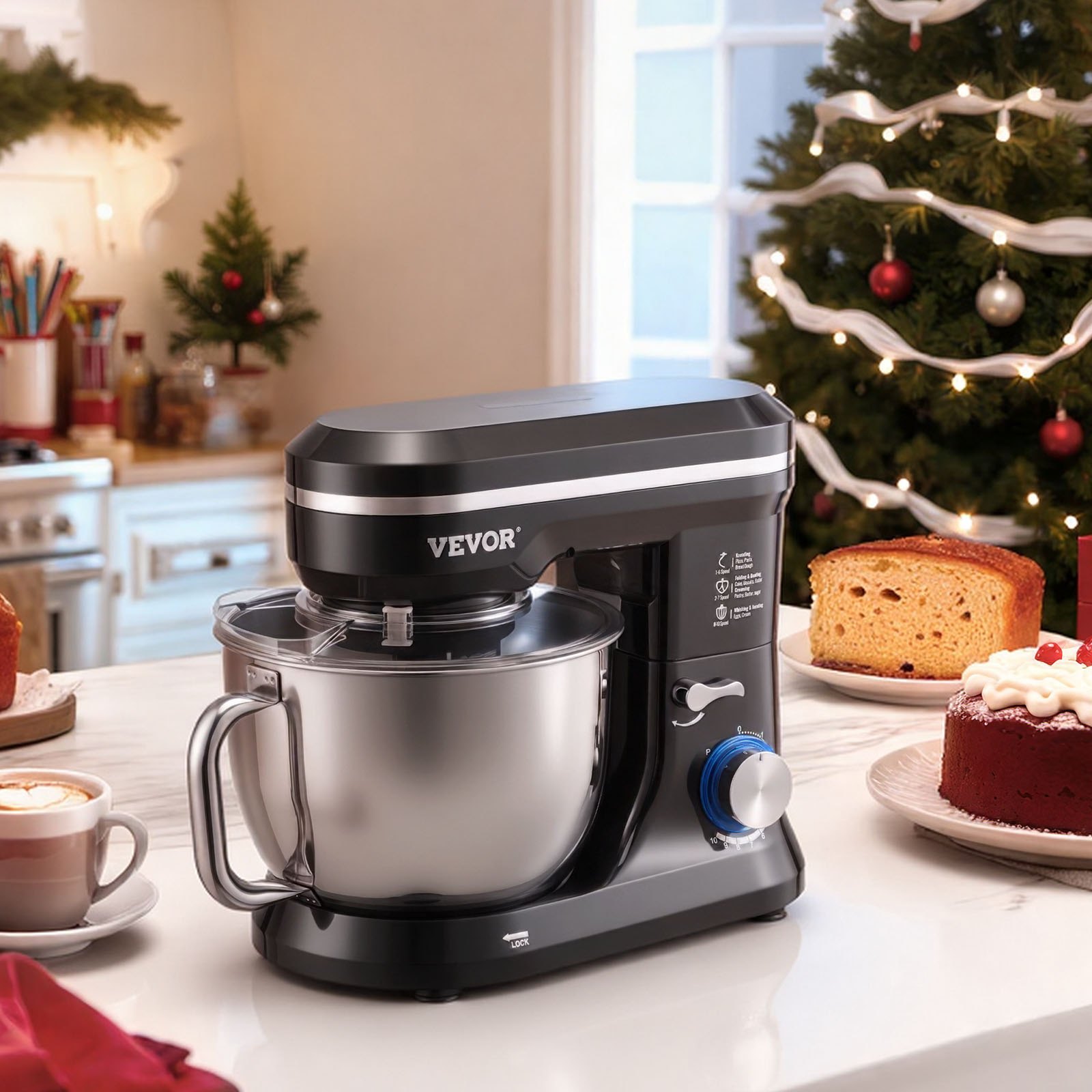 Batidora de pie VEVOR, 5 cuartos de galón, 10+ velocidades, cabezal inclinable, tazón de acero inoxidable, gancho para masa, batidor de alambre, batidor, raspador, batidora de pie doméstica para hornear, color negro