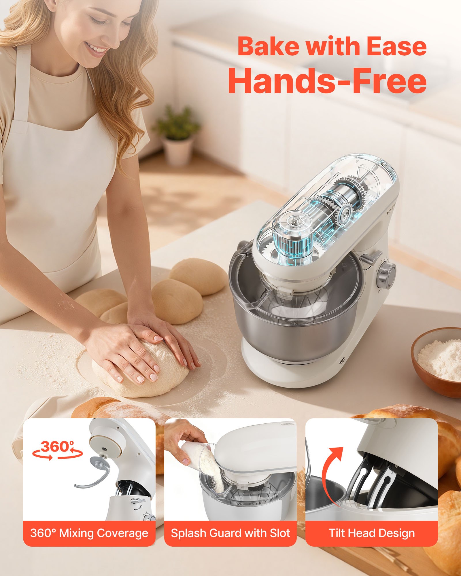 Batidora de pie VEVOR, 6 cuartos de galón, 660 W, 6 + 1 velocidad, cabezal inclinable, tazón de acero inoxidable, gancho para masa, batidor de alambre, batidor plano, raspador, batidora de pie doméstica para hornear y mezclar, color blanco