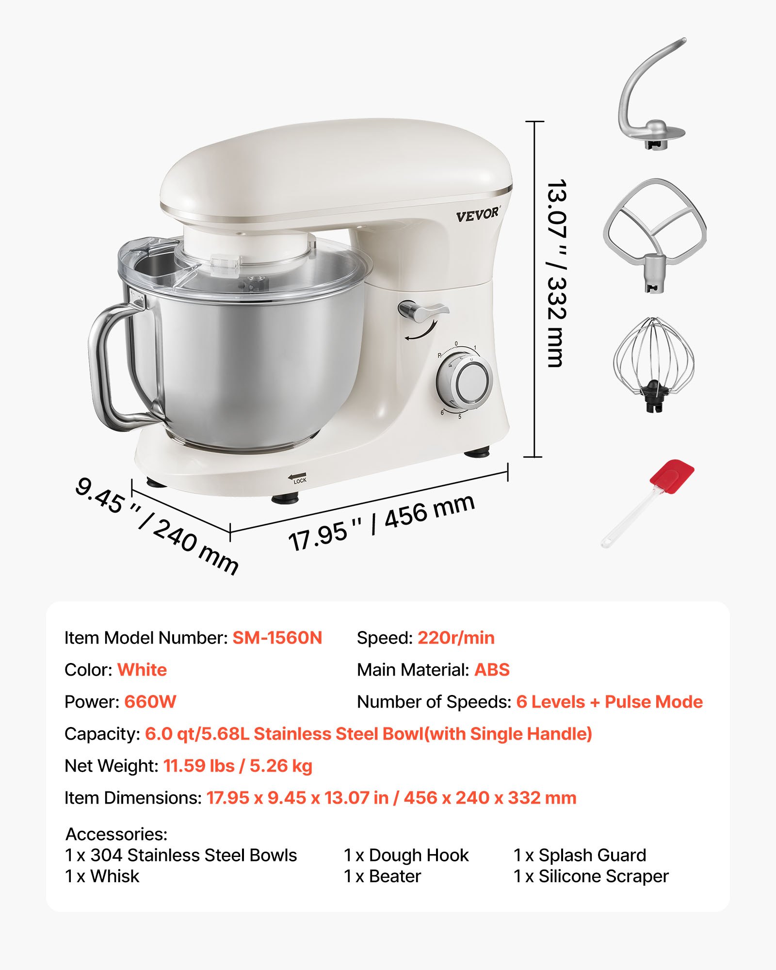 Batidora de pie VEVOR, 6 cuartos de galón, 660 W, 6 + 1 velocidad, cabezal inclinable, tazón de acero inoxidable, gancho para masa, batidor de alambre, batidor plano, raspador, batidora de pie doméstica para hornear y mezclar, color blanco