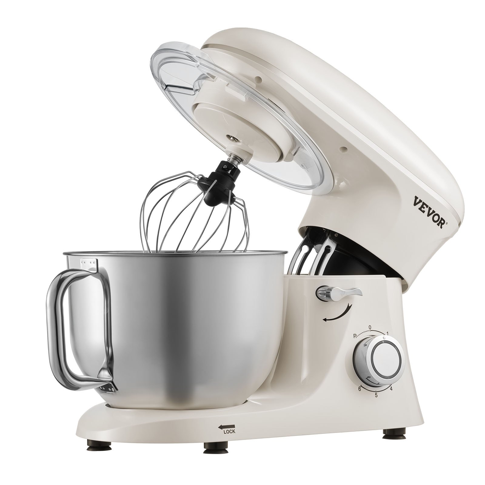 Batidora de pie VEVOR, 6 cuartos de galón, 660 W, 6 + 1 velocidad, cabezal inclinable, tazón de acero inoxidable, gancho para masa, batidor de alambre, batidor plano, raspador, batidora de pie doméstica para hornear y mezclar, color blanco