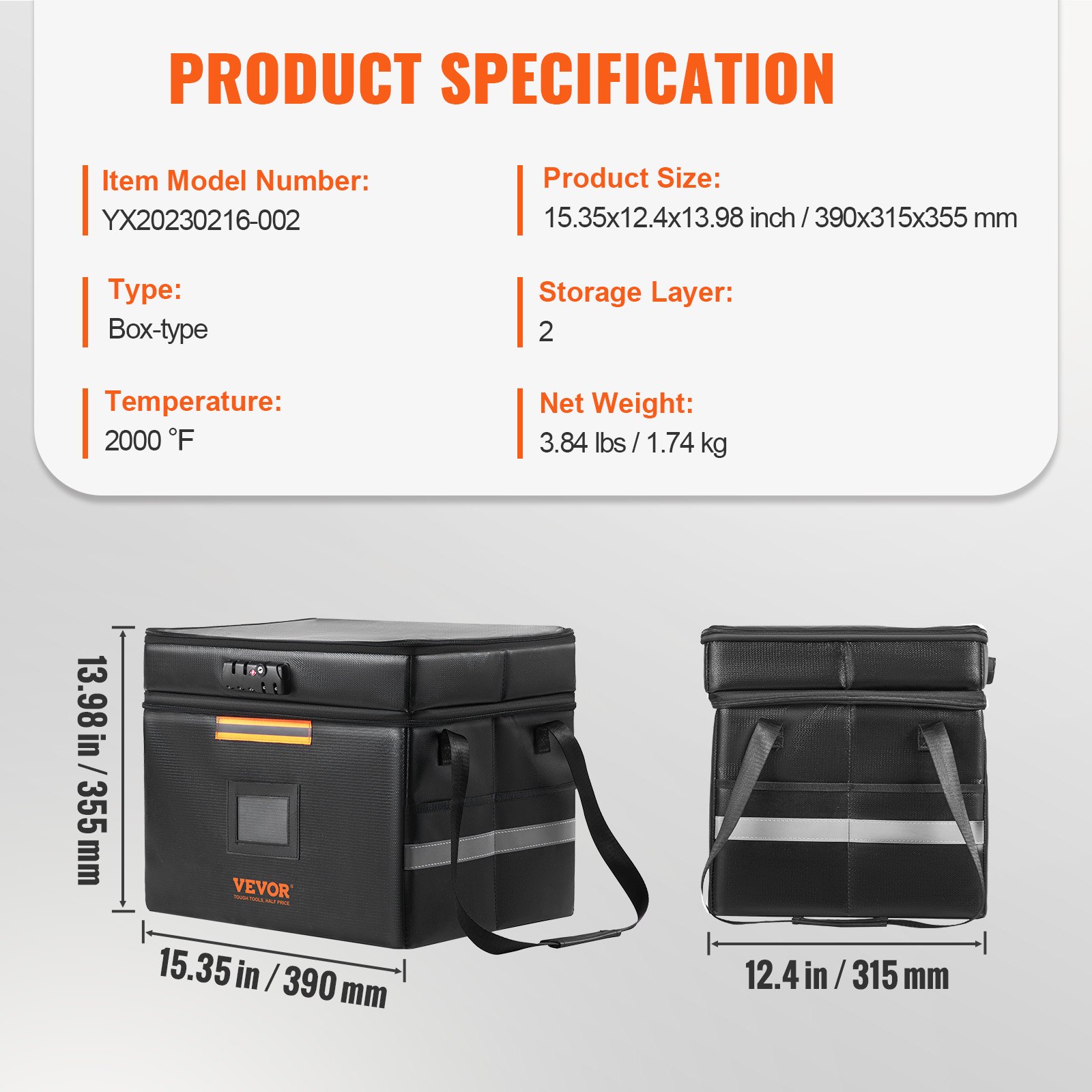 VEVOR Caja de documentos ignífuga, bolsa de documentos ignífuga de 2000 ℉ con 3 capas de almacenamiento, 15.35 x 12.4 x 13.98 pulgadas, cartera ignífuga, maletín grande, almacenamiento de dinero, pasaporte, documentos, archivo bancario