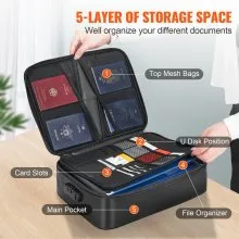 Caja de documentos ignífuga VEVOR, bolsa de documentos ignífuga con cerradura 2000°F, caja de archivos ignífuga e impermeable de 3 capas 14.17x10.63x4.13 pulgadas con cremallera, para dinero, documentos, joyas y pasaporte