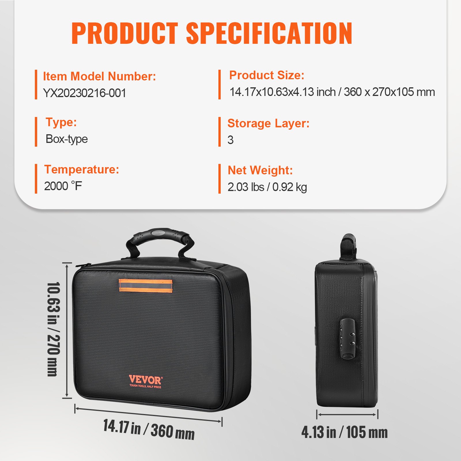 Caja de documentos ignífuga VEVOR, bolsa de documentos ignífuga con cerradura 2000°F, caja de archivos ignífuga e impermeable de 3 capas 14.17x10.63x4.13 pulgadas con cremallera, para dinero, documentos, joyas y pasaporte