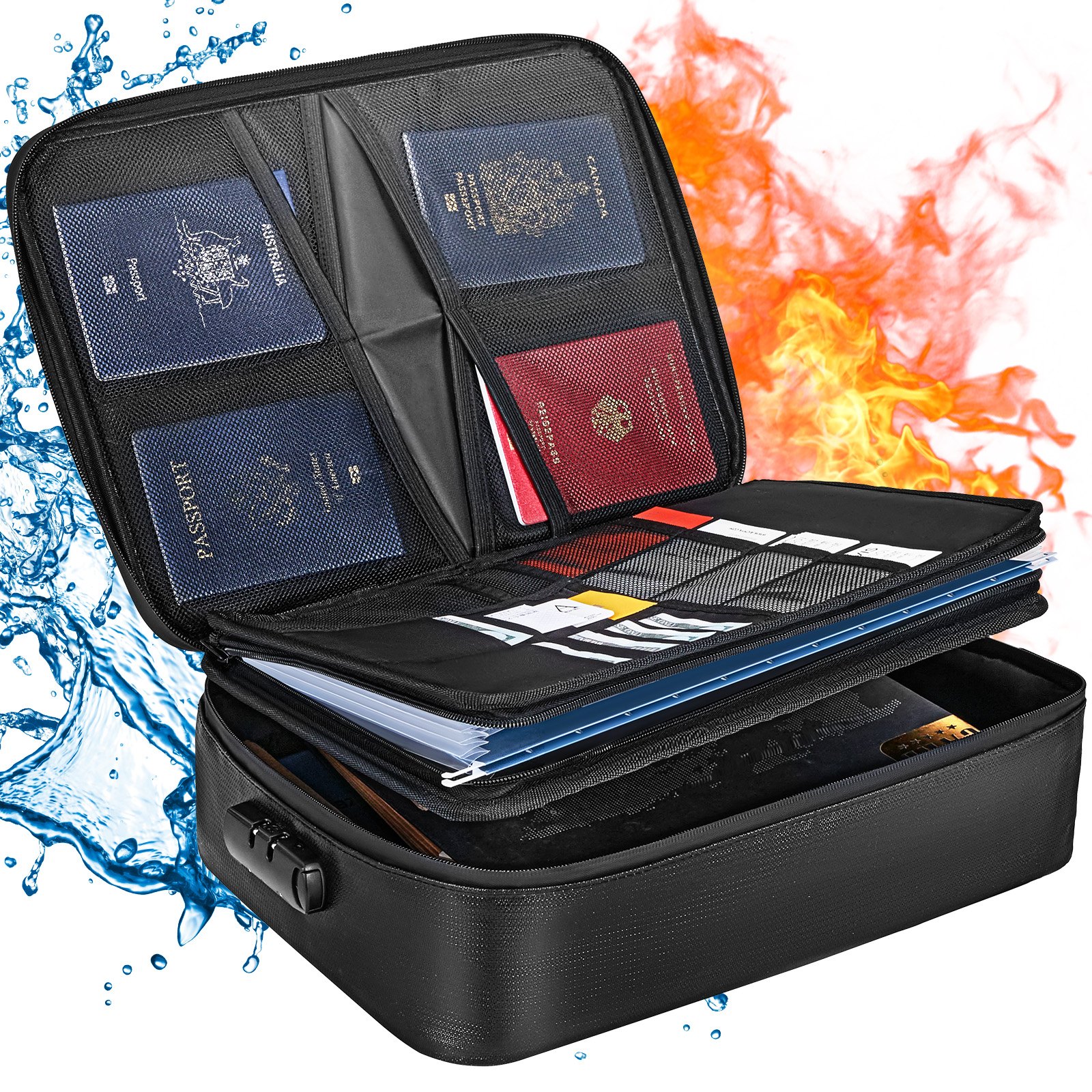 Caja de documentos ignífuga VEVOR, bolsa de documentos ignífuga con cerradura 2000°F, caja de archivos ignífuga e impermeable de 3 capas 14.17x10.63x4.13 pulgadas con cremallera, para dinero, documentos, joyas y pasaporte