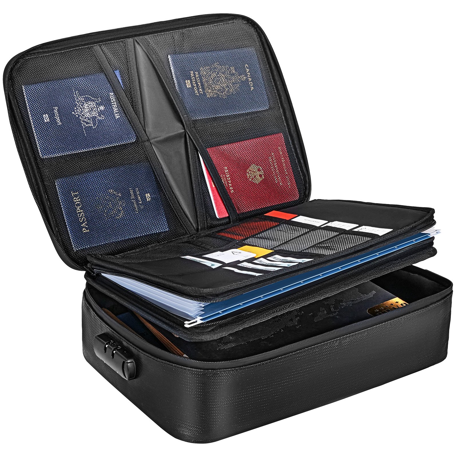 Caja de documentos ignífuga VEVOR, bolsa de documentos ignífuga con cerradura 2000°F, caja de archivos ignífuga e impermeable de 3 capas 14.17x10.63x4.13 pulgadas con cremallera, para dinero, documentos, joyas y pasaporte