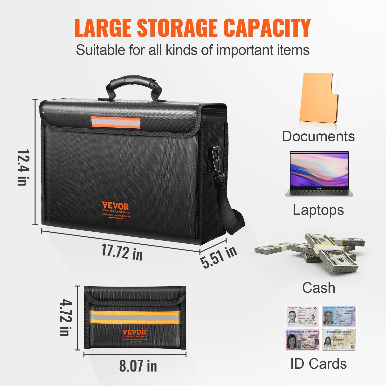VEVOR Caja de documentos ignífuga, bolsa de documentos ignífuga con cerradura 2000 ℉, caja de archivos plegable de 3 capas ignífuga e impermeable 15.35 x 12.4 x 13.98 pulgadas con cremallera, para dinero, documentos, joyas y pasaporte
