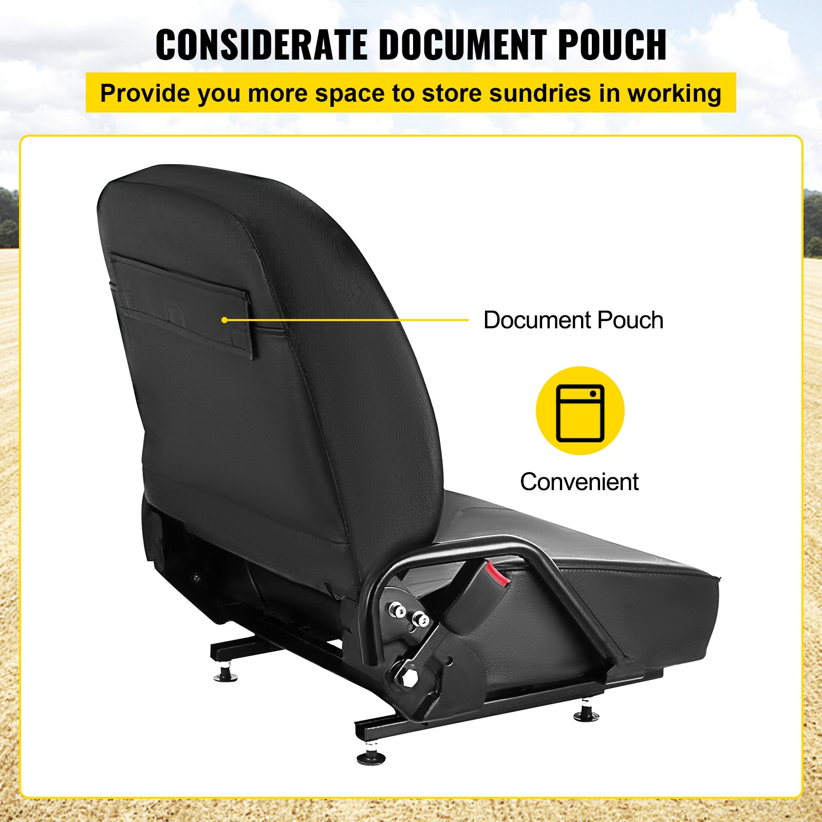 Asiento de carretilla elevadora universal VEVOR con práctico bolsillo para documentos para almacenamiento adicional.