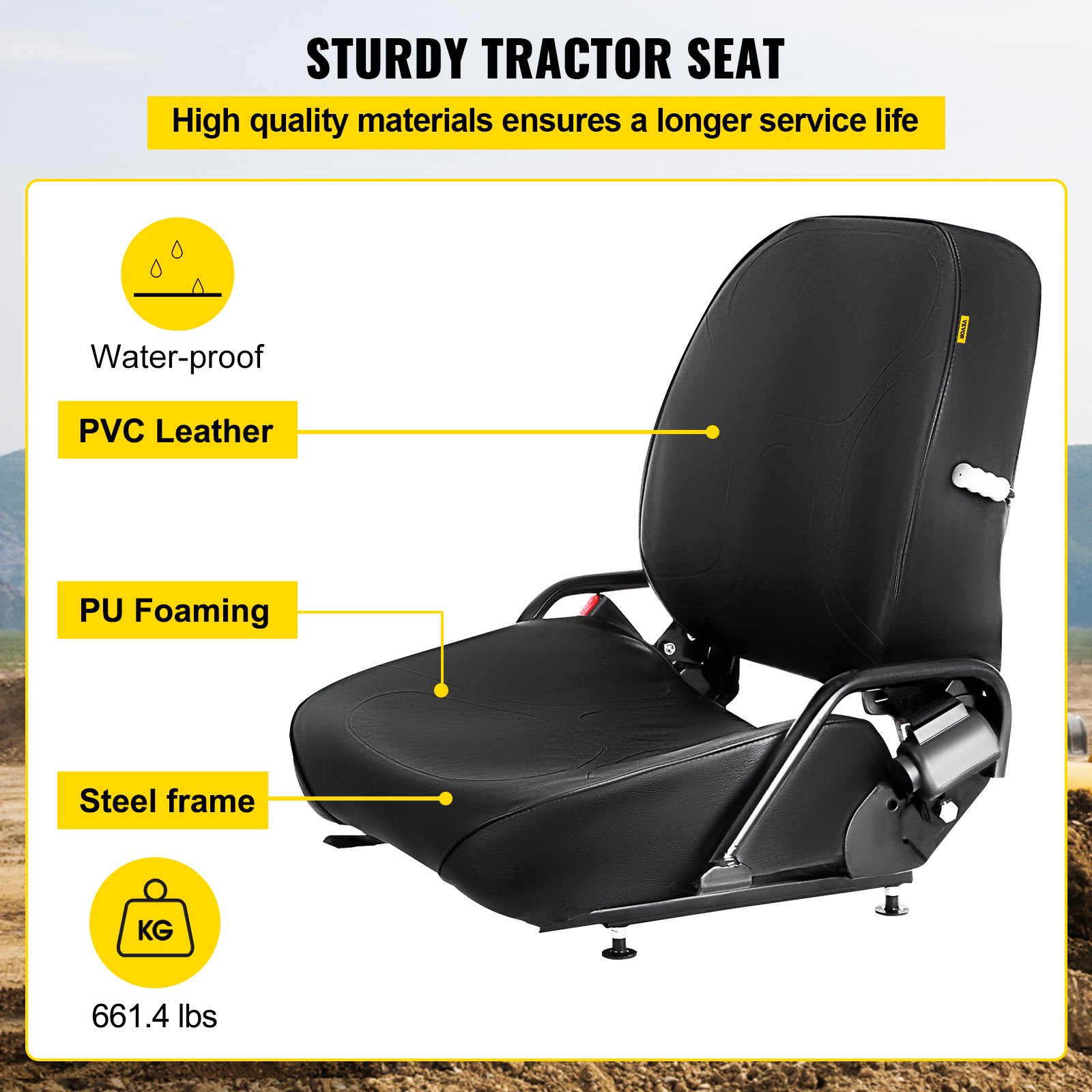 Asiento de carretilla elevadora universal VEVOR con cuero de PVC impermeable y espuma de PU, estructura de acero.
