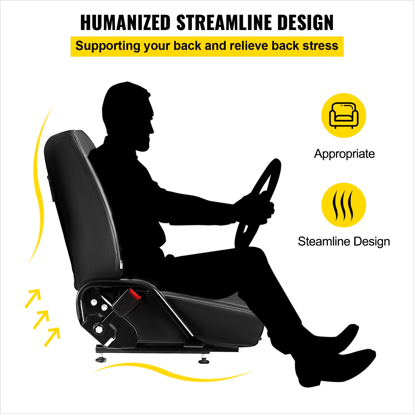 Asiento de carretilla elevadora universal VEVOR con diseño ergonómico que sostiene la espalda y alivia el estrés.