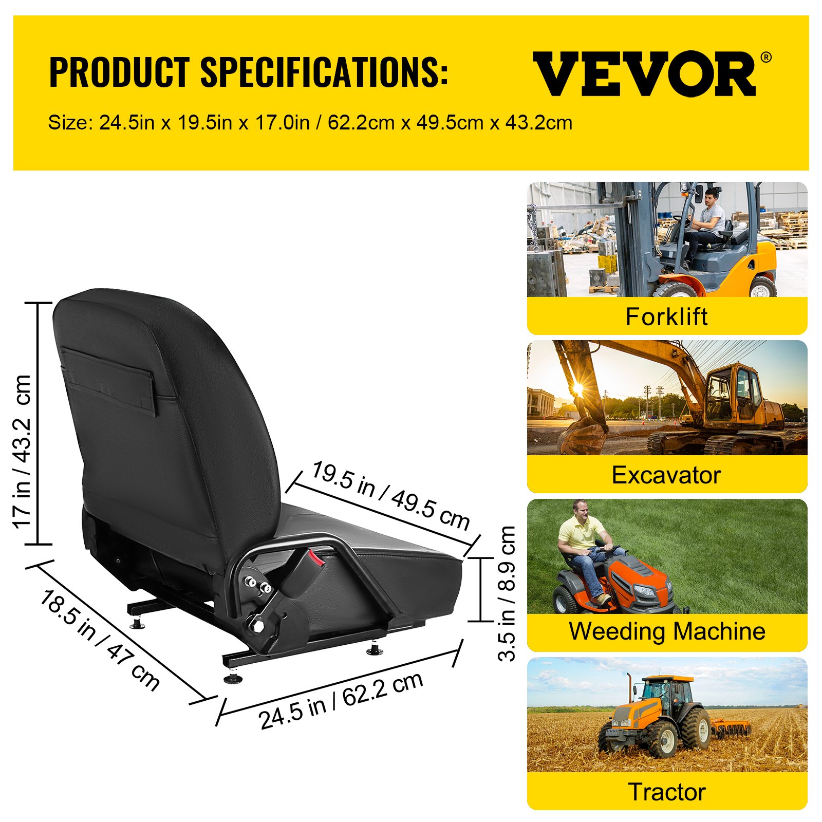 Asiento universal para carretilla elevadora VEVOR: 24,5 x 19,5 x 17 pulgadas, se adapta a carretillas elevadoras, excavadoras, desmalezadoras y tractores.