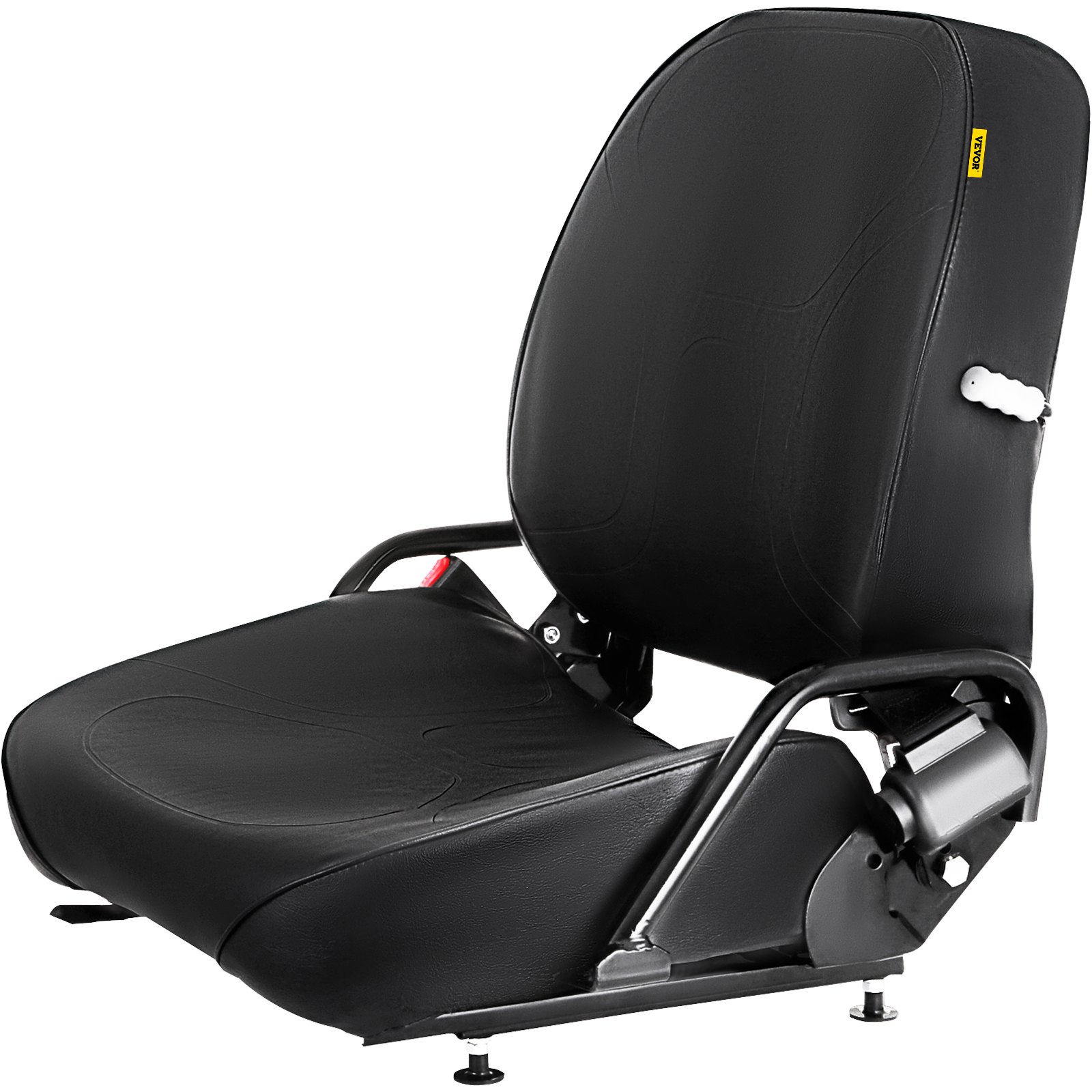 Asiento de carretilla elevadora universal VEVOR en color negro con funciones ajustables y marco resistente.