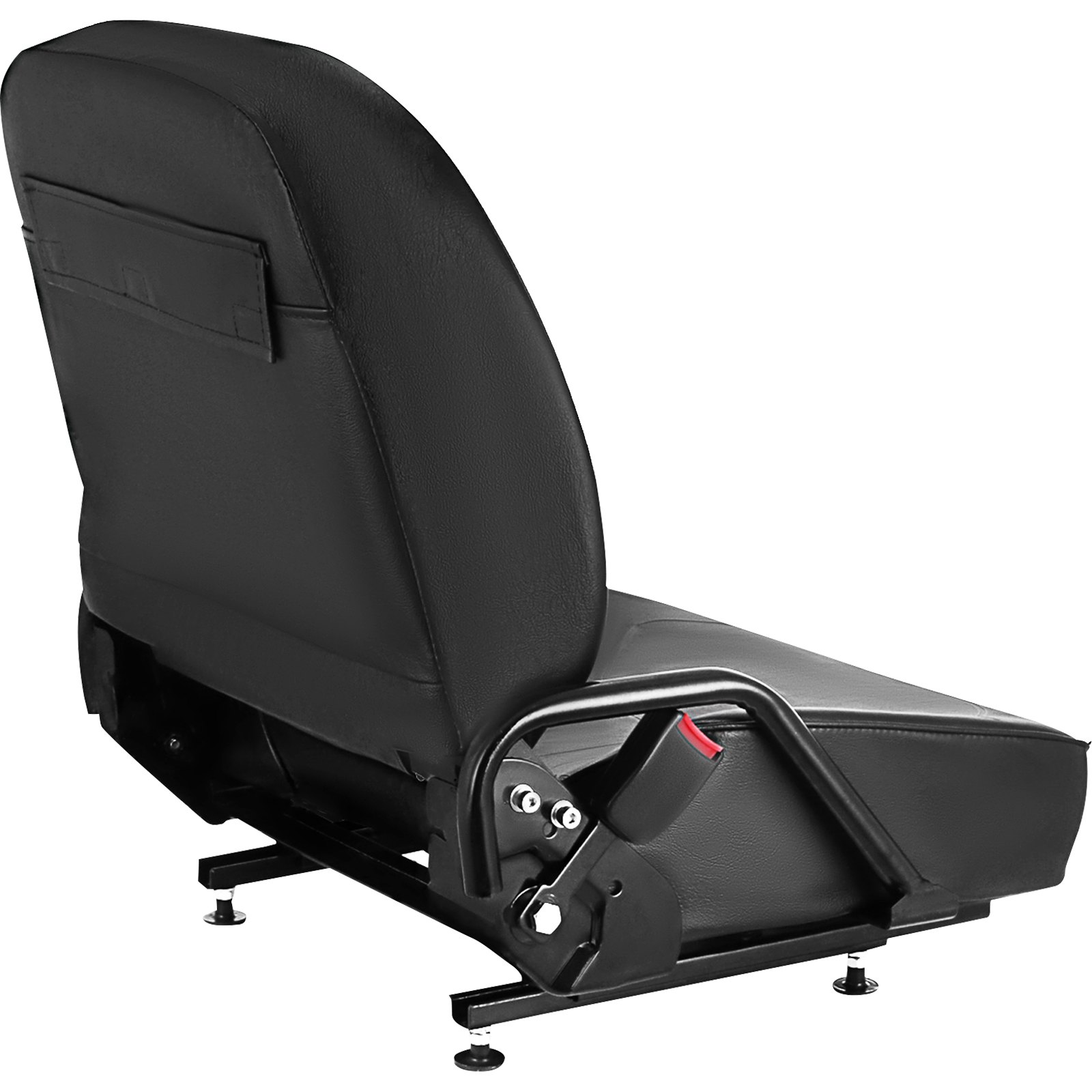 Asiento de carretilla elevadora universal VEVOR negro con soportes metálicos ajustables y base atornillada.