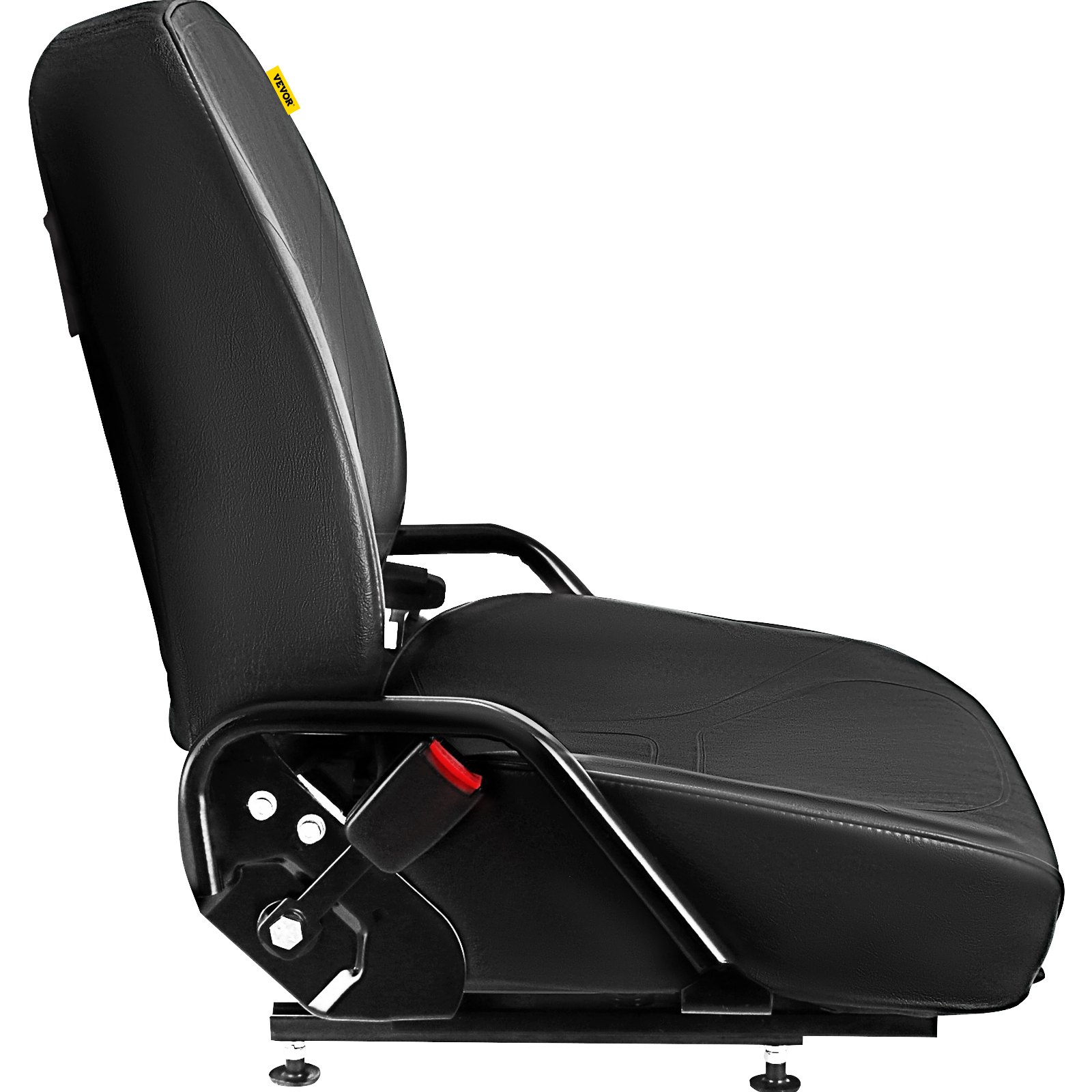 Asiento universal para carretilla elevadora VEVOR con respaldo ajustable y cinturón de seguridad en color negro.