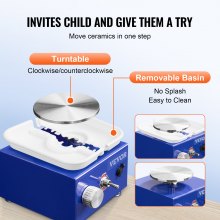 VEVOR Mini torno de cerámica, para niños o principiantes, 2 platos giratorios de 2,6 pulgadas/3,9 pulgadas, máquina de rueda de cerámica, lavabo desmontable ABS de velocidad ajustable de 0-300 RPM, 17 accesorios de cerámica, trabajo artístico, bricolaje, 30 W, azul