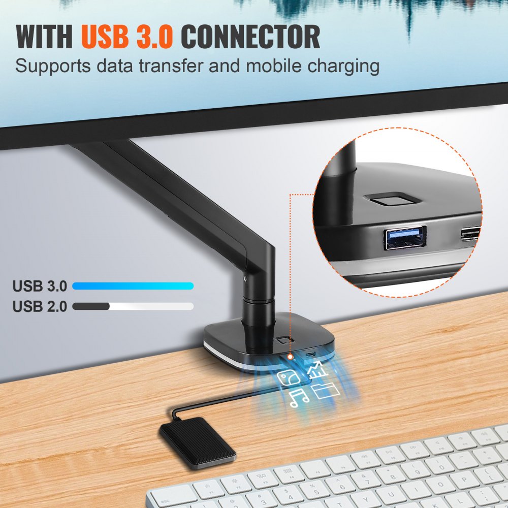 Monitor conectado al soporte de monitor VEVOR con conector USB 3.0 para transferencia de datos y carga móvil.