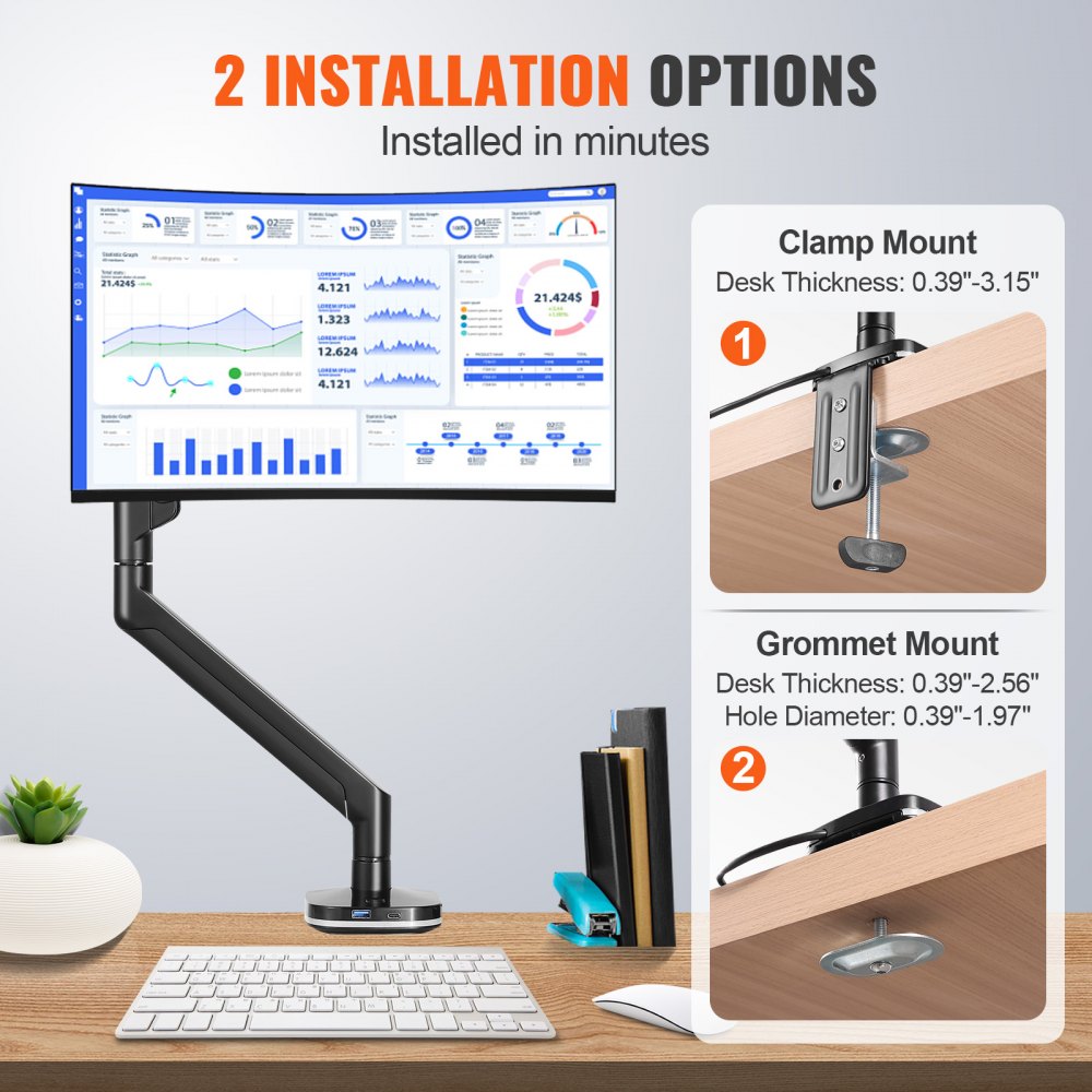 Soporte de monitor VEVOR con 2 opciones de instalación: abrazadera y montaje con ojal, en un escritorio de oficina moderno.