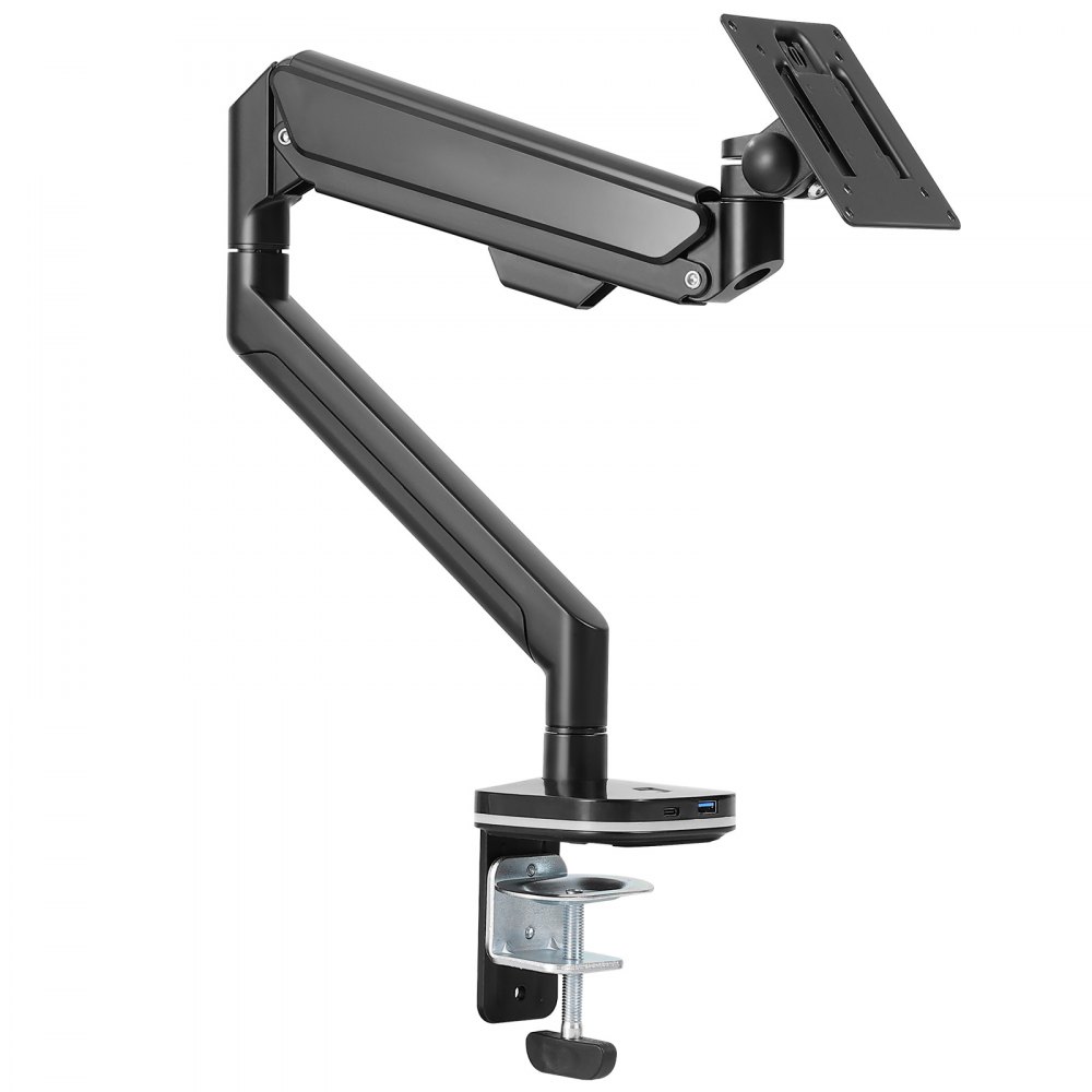 Soporte de monitor VEVOR con brazo ajustable y abrazadera de escritorio, con un elegante diseño negro.
