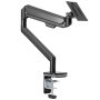 Soporte de monitor VEVOR con brazo ajustable y abrazadera de escritorio, con un elegante diseño negro.