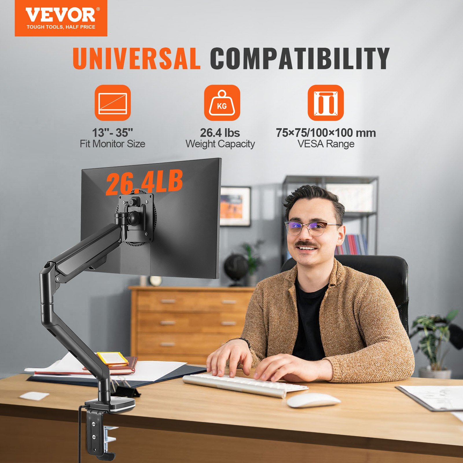 Soporte de monitor VEVOR que soporta hasta 26,4 libras, mostrado en una configuración de oficina con una pantalla montada.