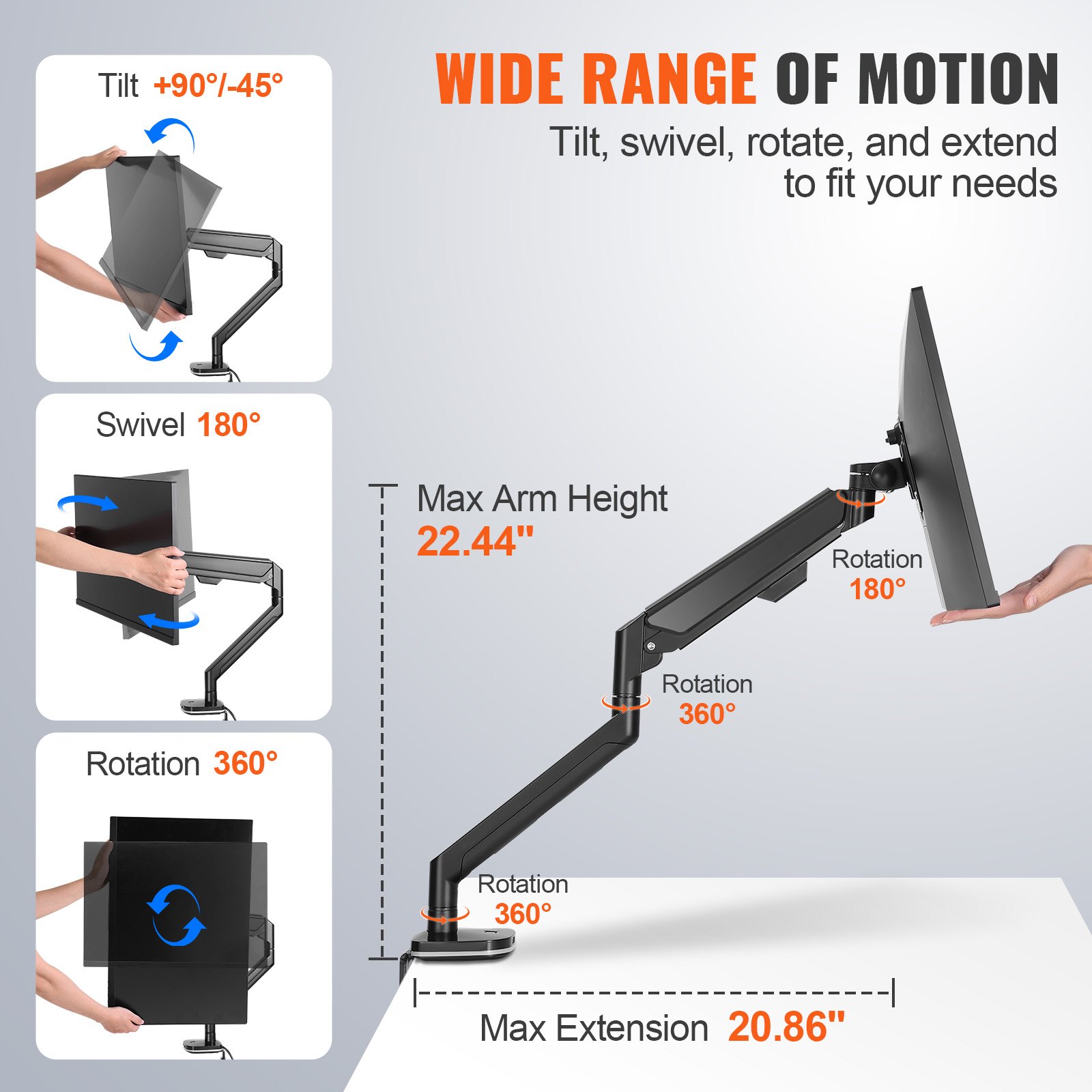 Soporte de monitor VEVOR con brazos ajustables, rotación de 360°, giro de 180° y extensión máxima de 20,86&quot;.