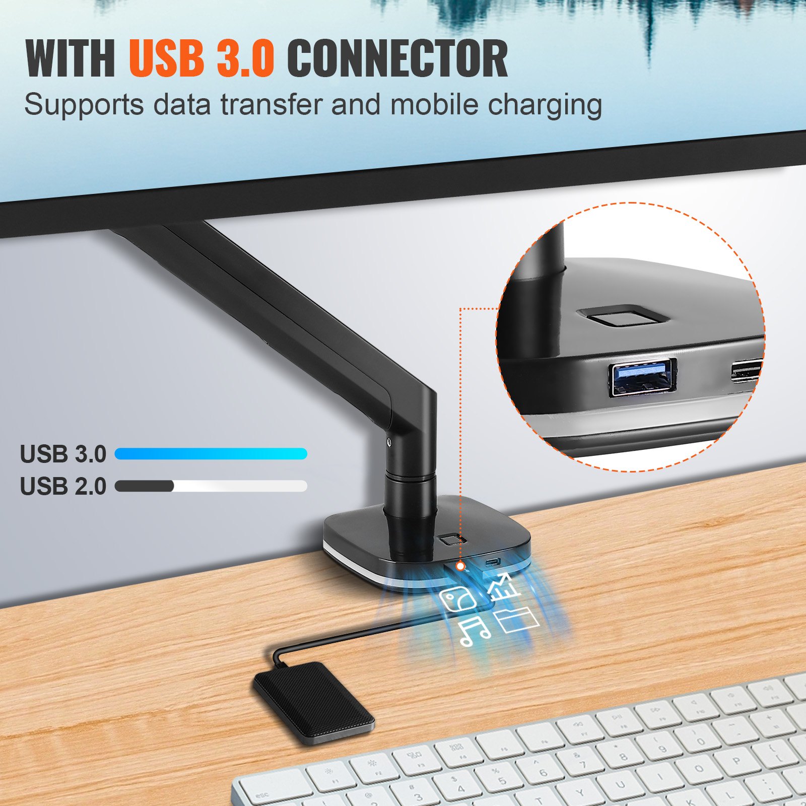 Monitor conectado al soporte de monitor VEVOR con conector USB 3.0 para transferencia de datos y carga móvil.