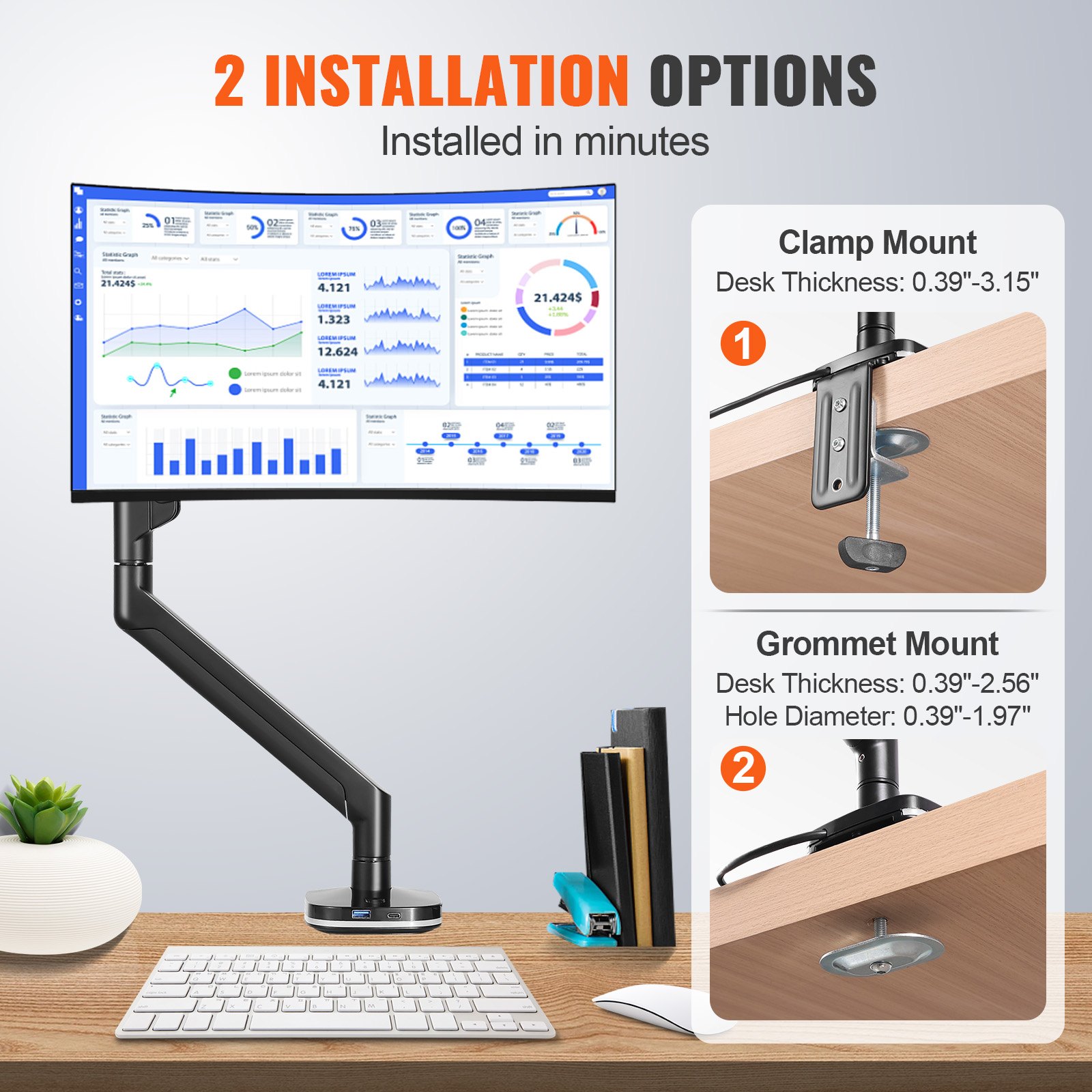 Soporte de monitor VEVOR con 2 opciones de instalación: abrazadera y montaje con ojal, en un escritorio de oficina moderno.