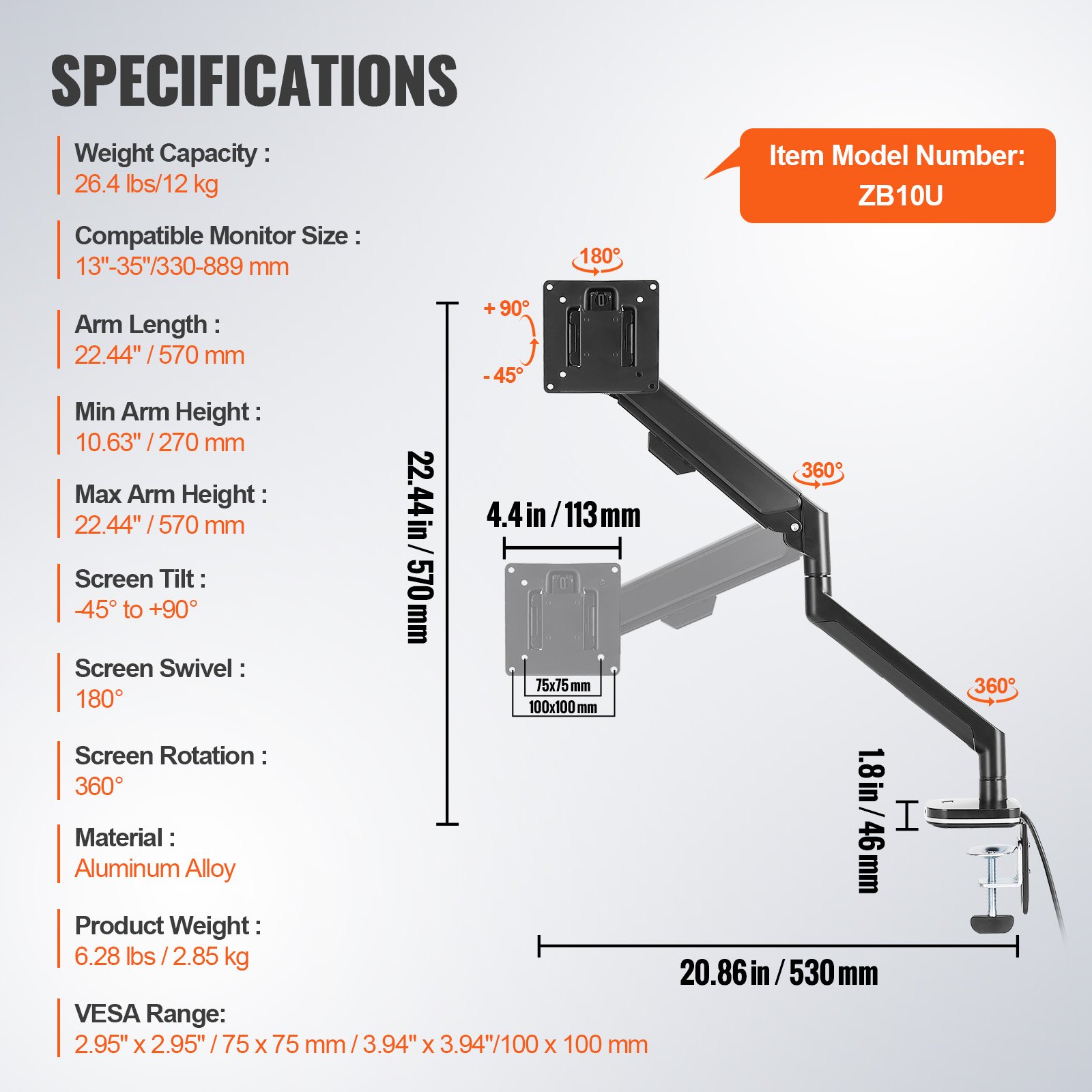 Especificaciones del soporte de monitor VEVOR: tamaño de monitor compatible 13&quot;-35&quot;, peso 26,4 libras, longitud del brazo 22,44&quot;, aleación de aluminio.