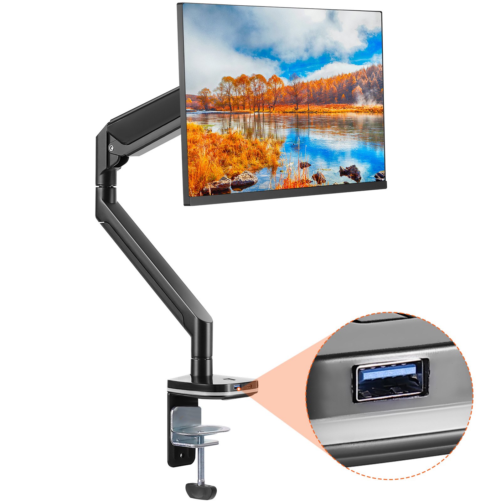 Monitor individual montado en soporte de monitor VEVOR ajustable con puerto USB, que muestra un paisaje natural.