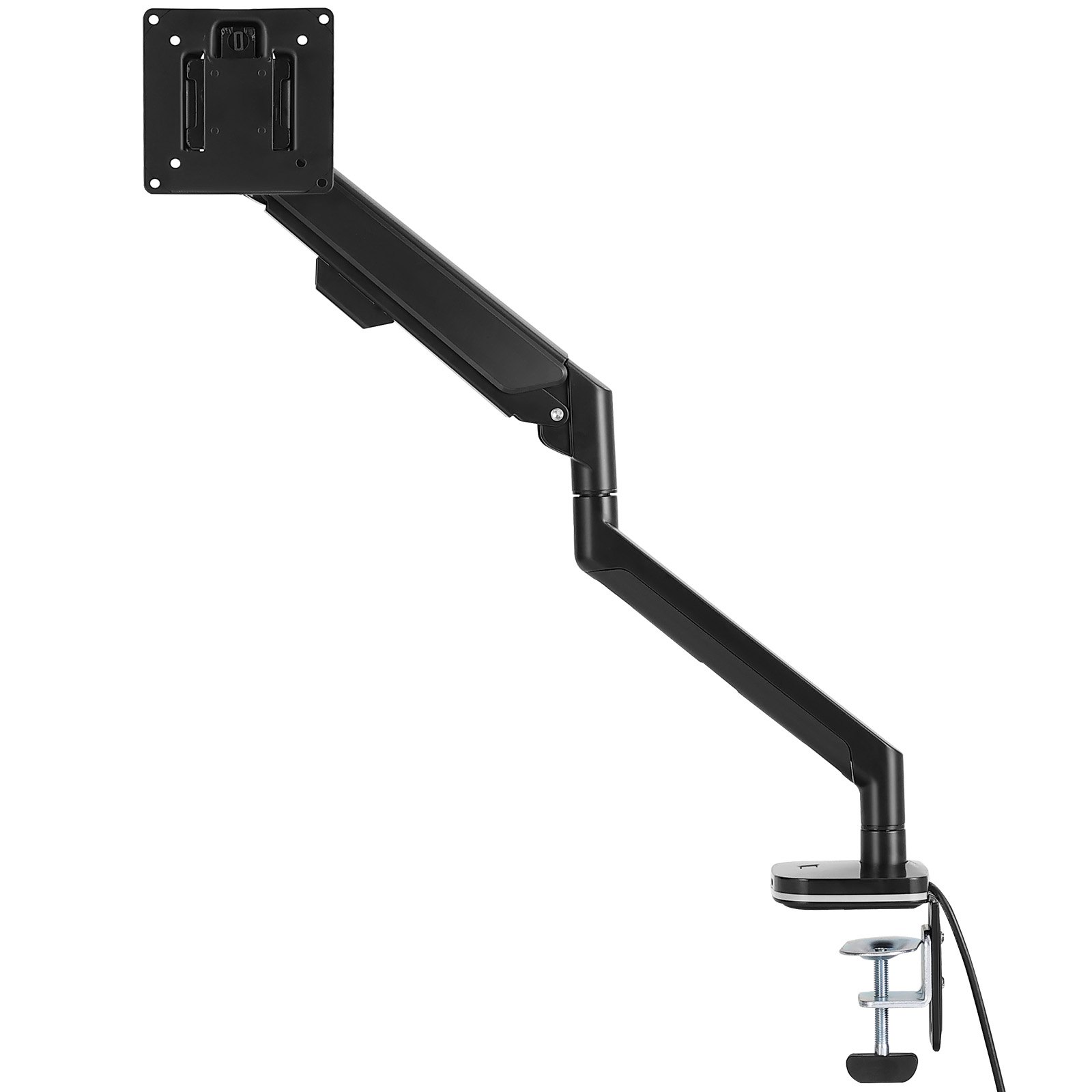 Soporte de monitor VEVOR ajustable con abrazadera para fijación a escritorio, brazo negro y placa VESA pivotante.