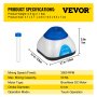 Especificaciones del producto mezclador vórtice VEVOR con dimensiones, velocidad de mezcla 3000 rpm y capacidad de 50 ml.